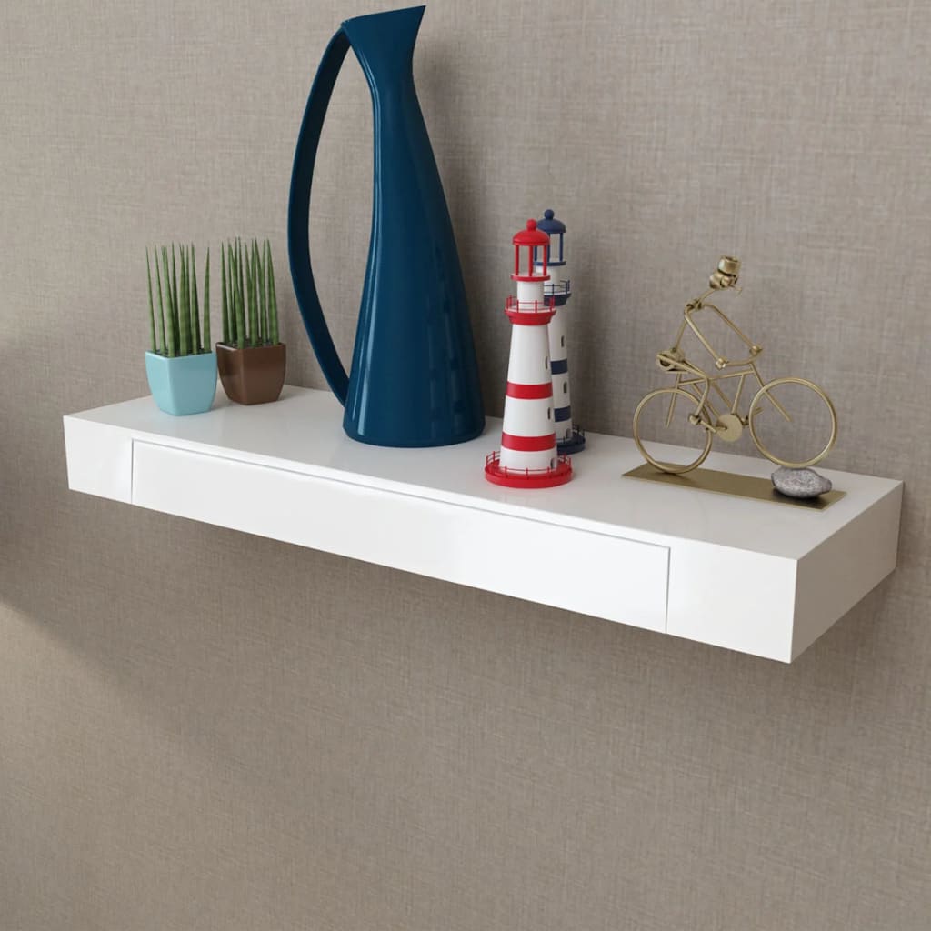 Étagère murale avec 1 tiroir MDF Blanc Rangement de livres/DVD