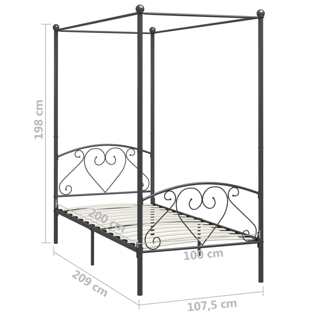 Cadre de lit à baldaquin sans matelas gris métal 100x200 cm