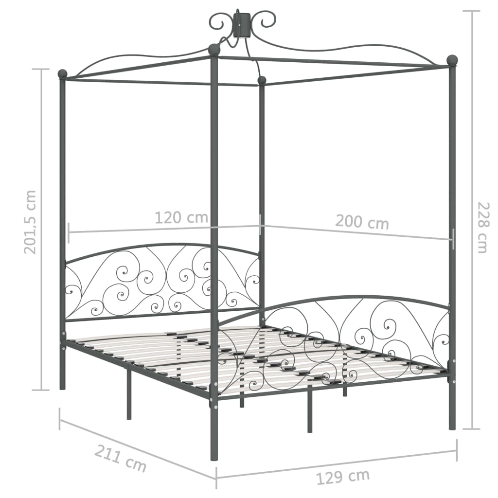 Cadre de lit à baldaquin sans matelas gris métal 120x200 cm