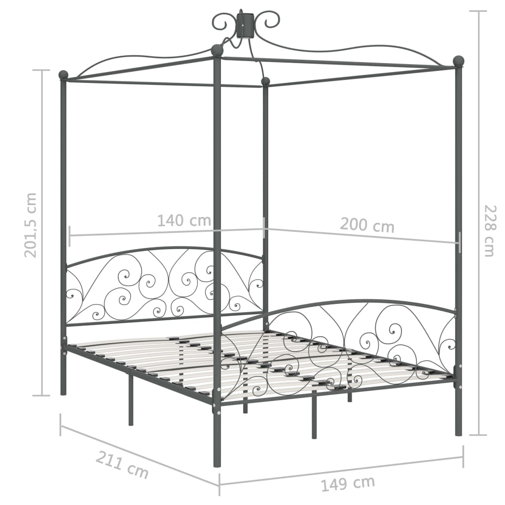 Cadre de lit à baldaquin sans matelas gris métal 140x200 cm