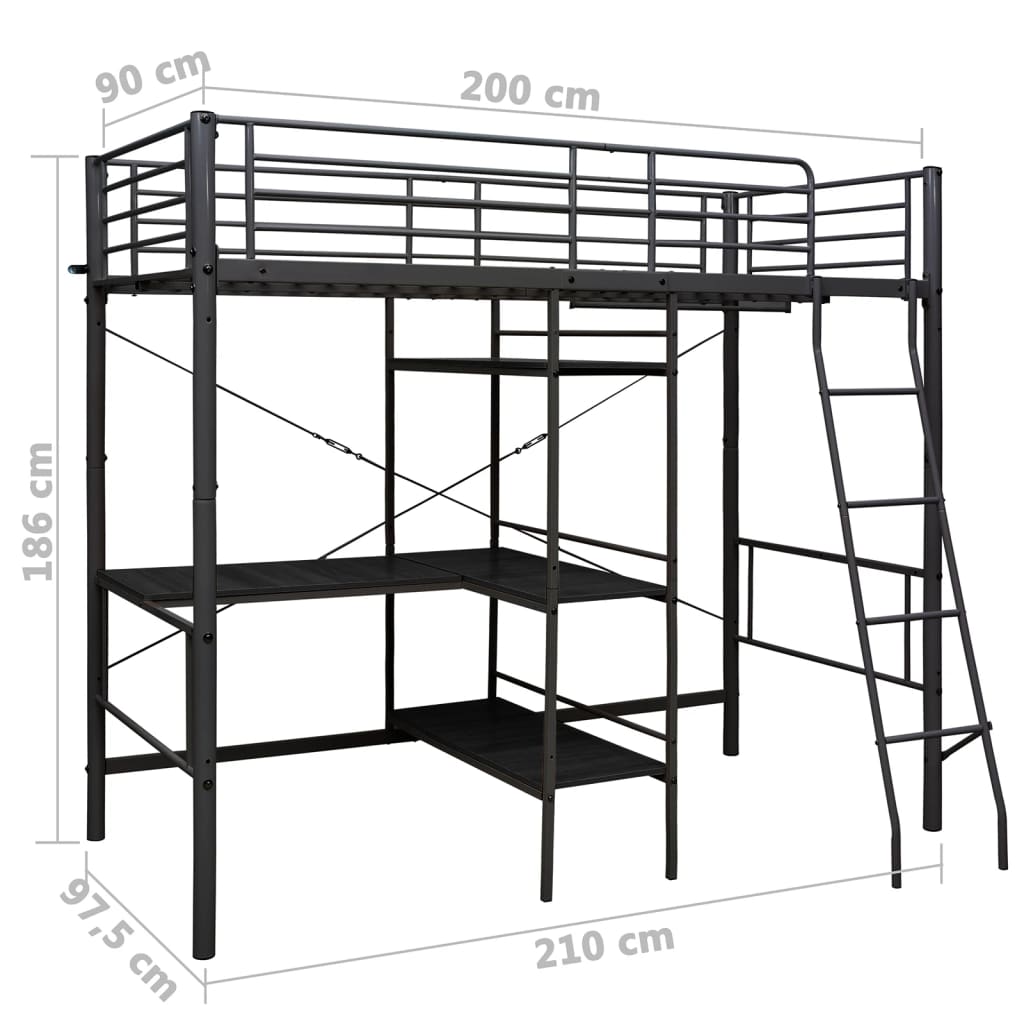 Lit superposé avec table sans matelas noir métal 90x200 cm