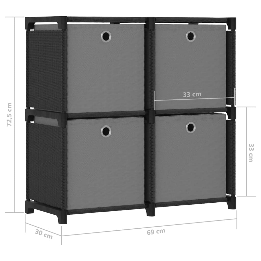 Étagère à 4 cubes avec boîtes Noir 69x30x72,5 cm Tissu