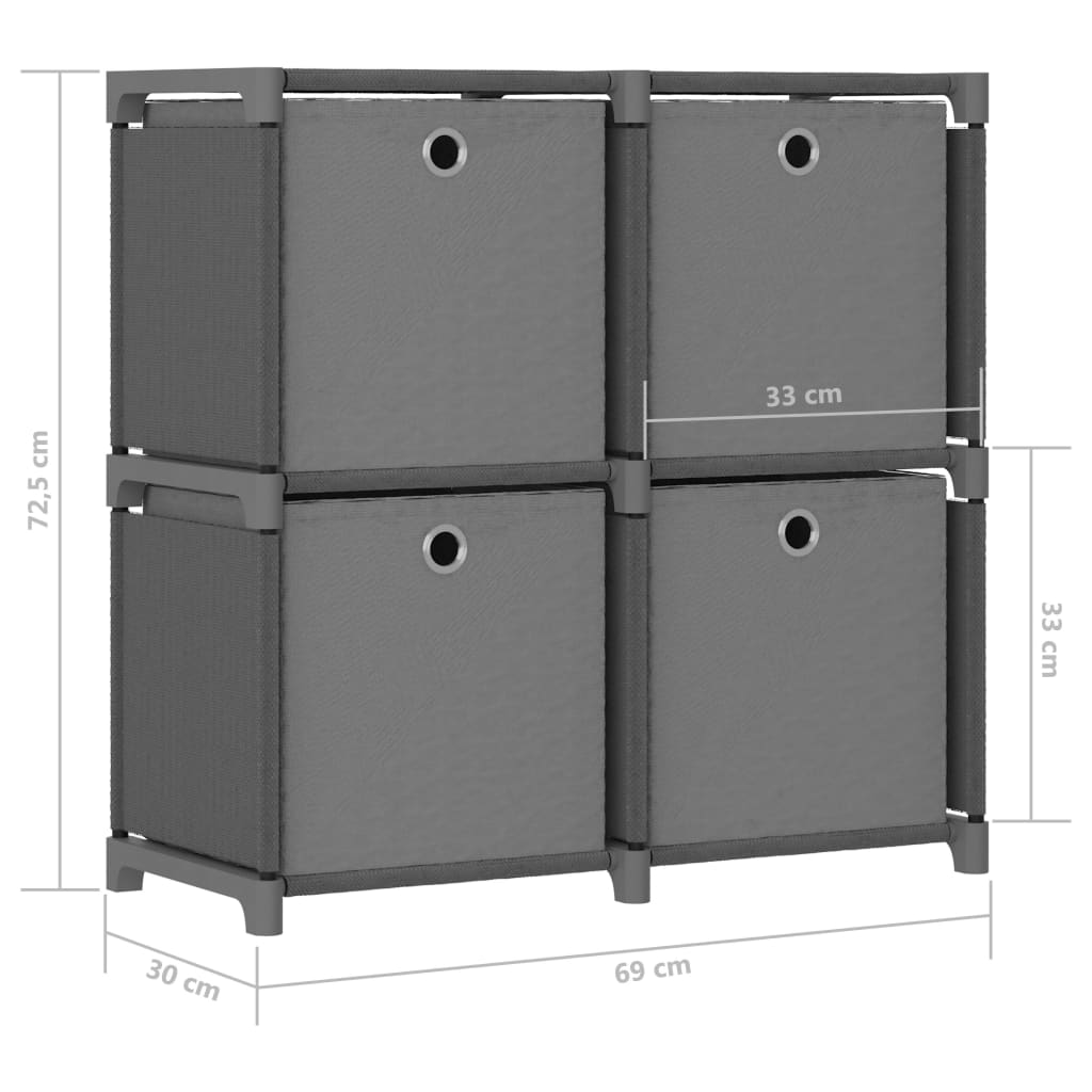 Étagère à 4 cubes avec boîtes Gris 69x30x72,5 cm Tissu