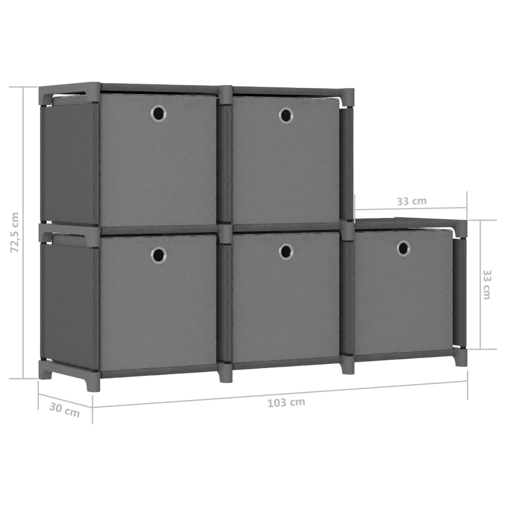 Étagère d'affichage 5 cubes et boîtes Gris 103x30x72,5 cm Tissu