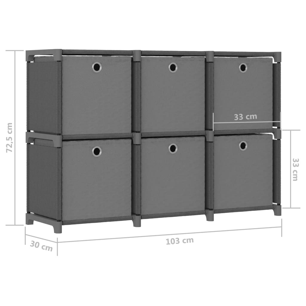 Étagère d'affichage 6 cubes et boîtes Gris 103x30x72,5 cm Tissu