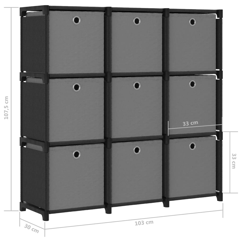 Étagère à 9 cubes avec boîtes Noir 103x30x107,5 cm Tissu