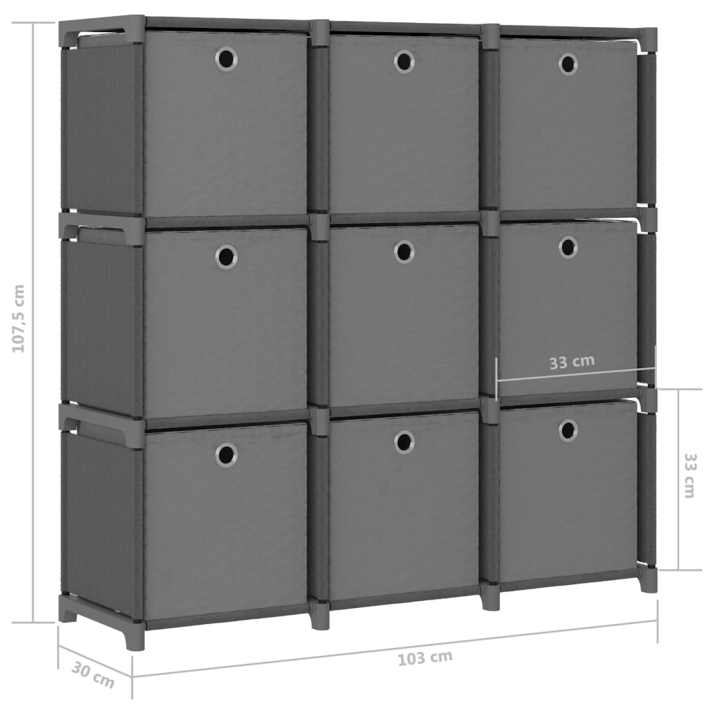 Étagère à 9 cubes avec boîtes Gris 103x30x107,5 cm Tissu