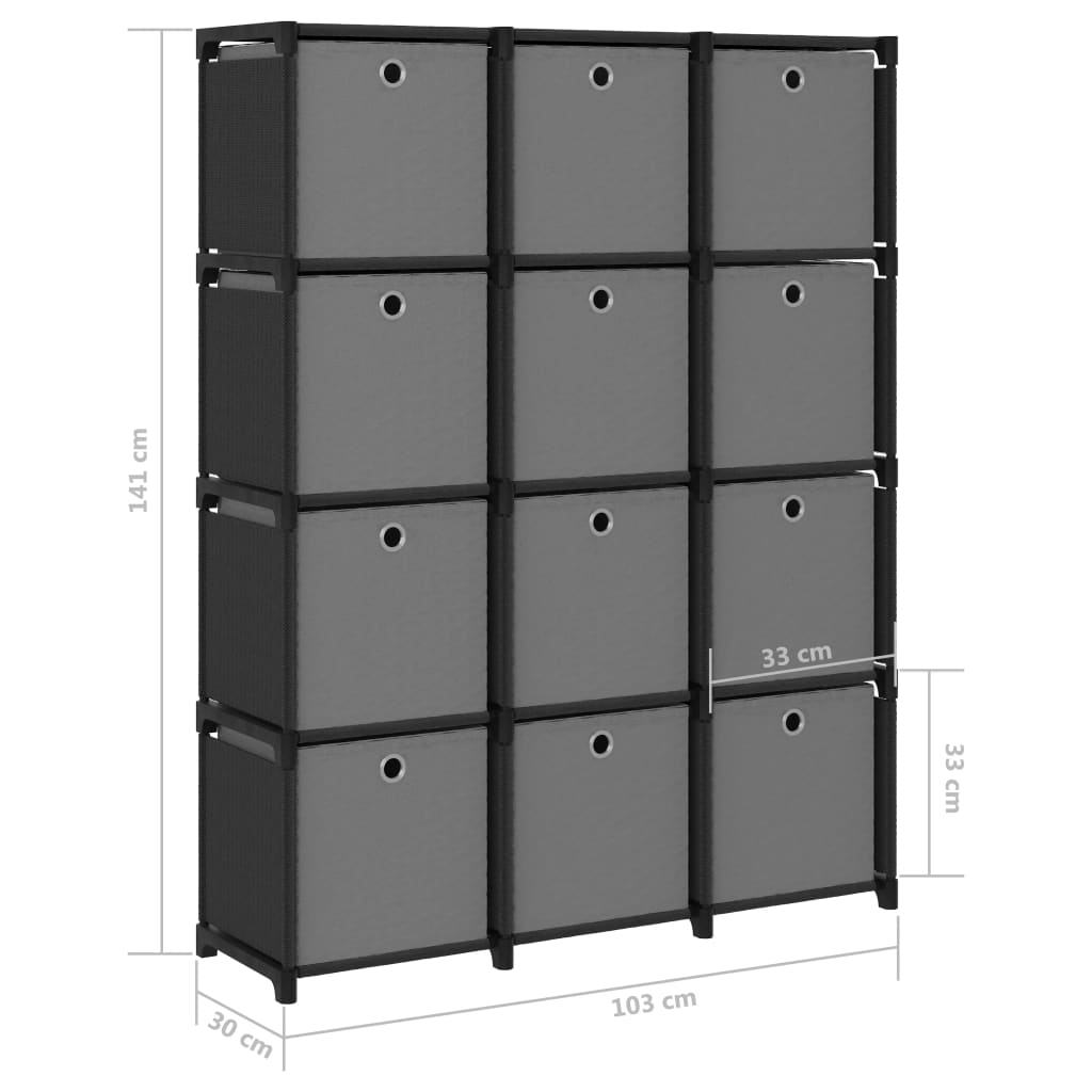 Étagère à 12 cubes avec boîtes Noir 103x30x141 cm Tissu
