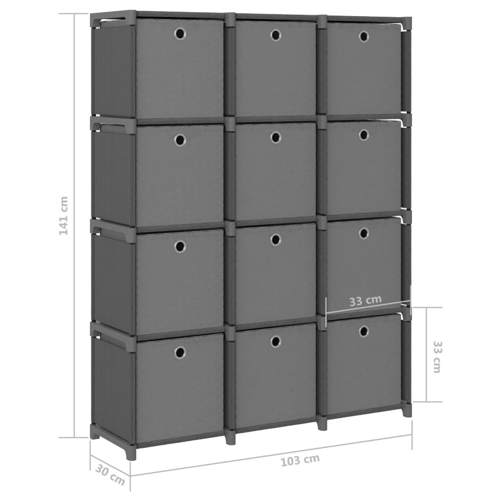 Étagère à 12 cubes avec boîtes Gris 103x30x141 cm Tissu