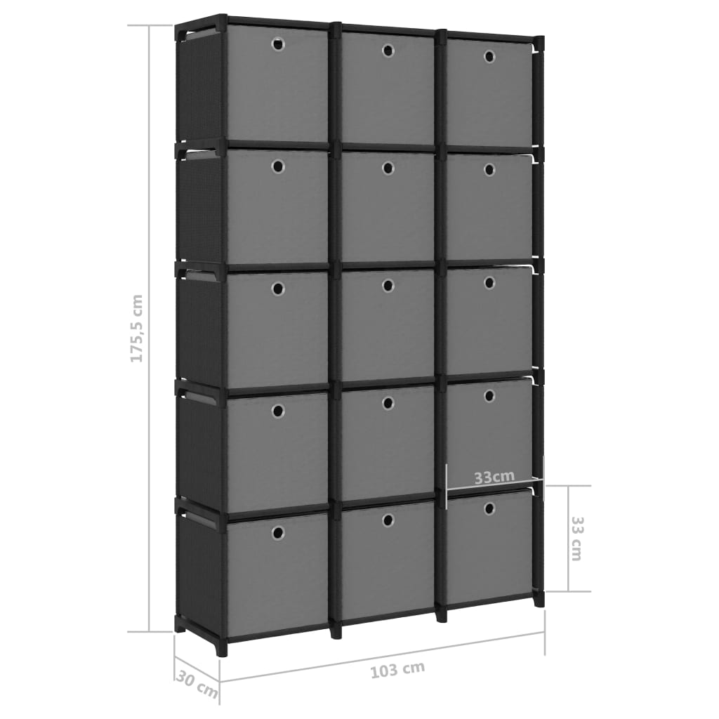 Étagère à 15 cubes avec boîtes Noir 103x30x175,5 cm Tissu