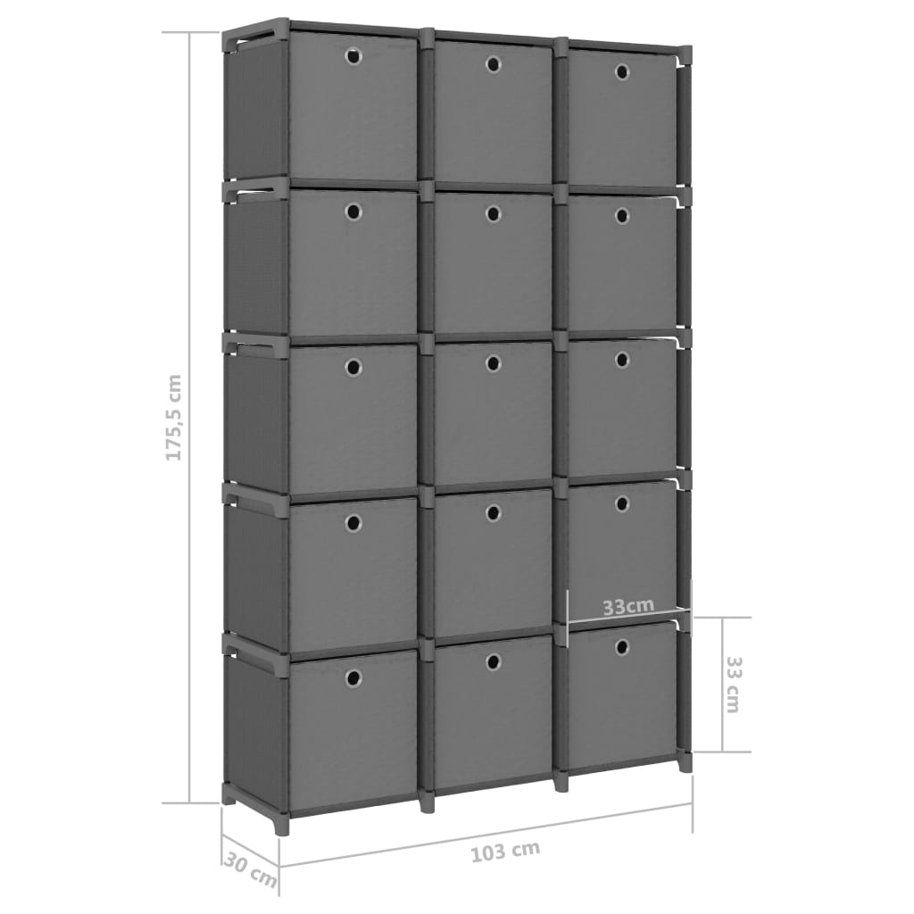 Étagère à 15 cubes avec boîtes Gris 103x30x175,5 cm Tissu