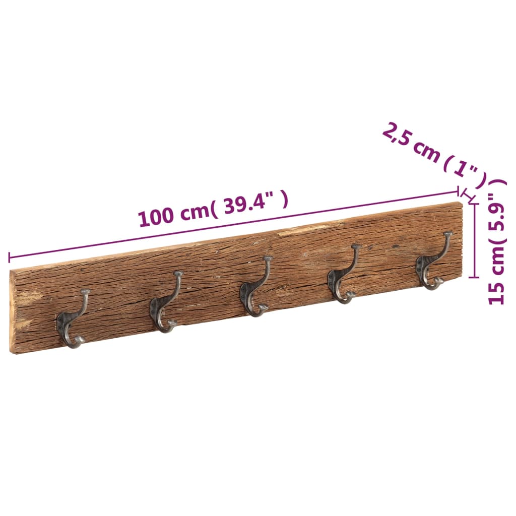 Percha de pasillo y 5 ganchos 100x2,5x15 cm Madera recuperada