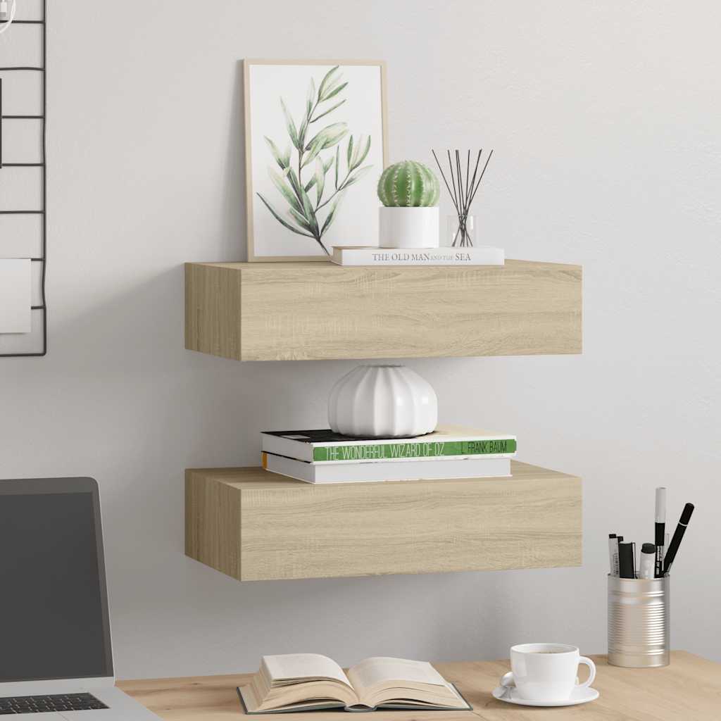 Étagères à tiroirs murales 2 pcs chêne 40x23,5x10 cm MDF