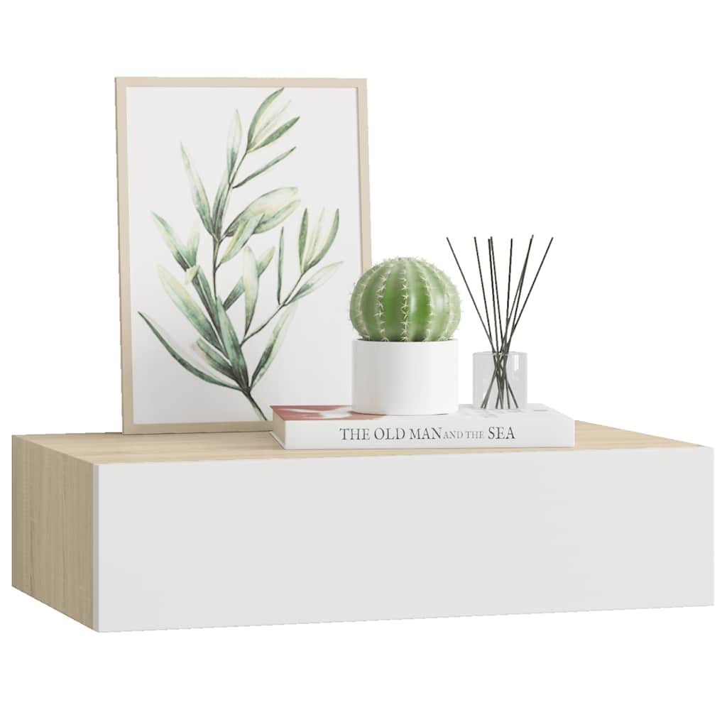 Étagère à tiroir murale chêne et blanc 40x23,5x10 cm MDF