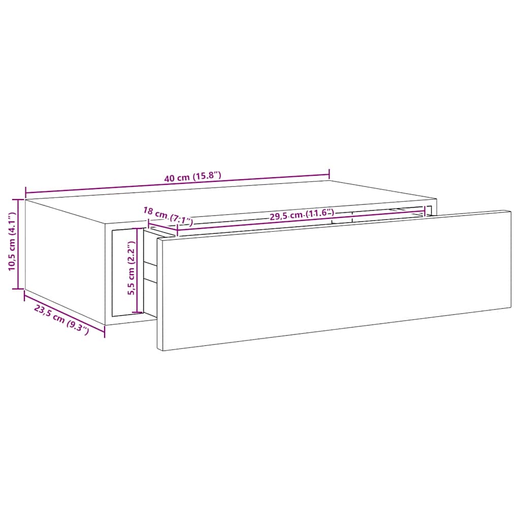 Étagère à tiroir murale chêne et blanc 40x23,5x10 cm MDF