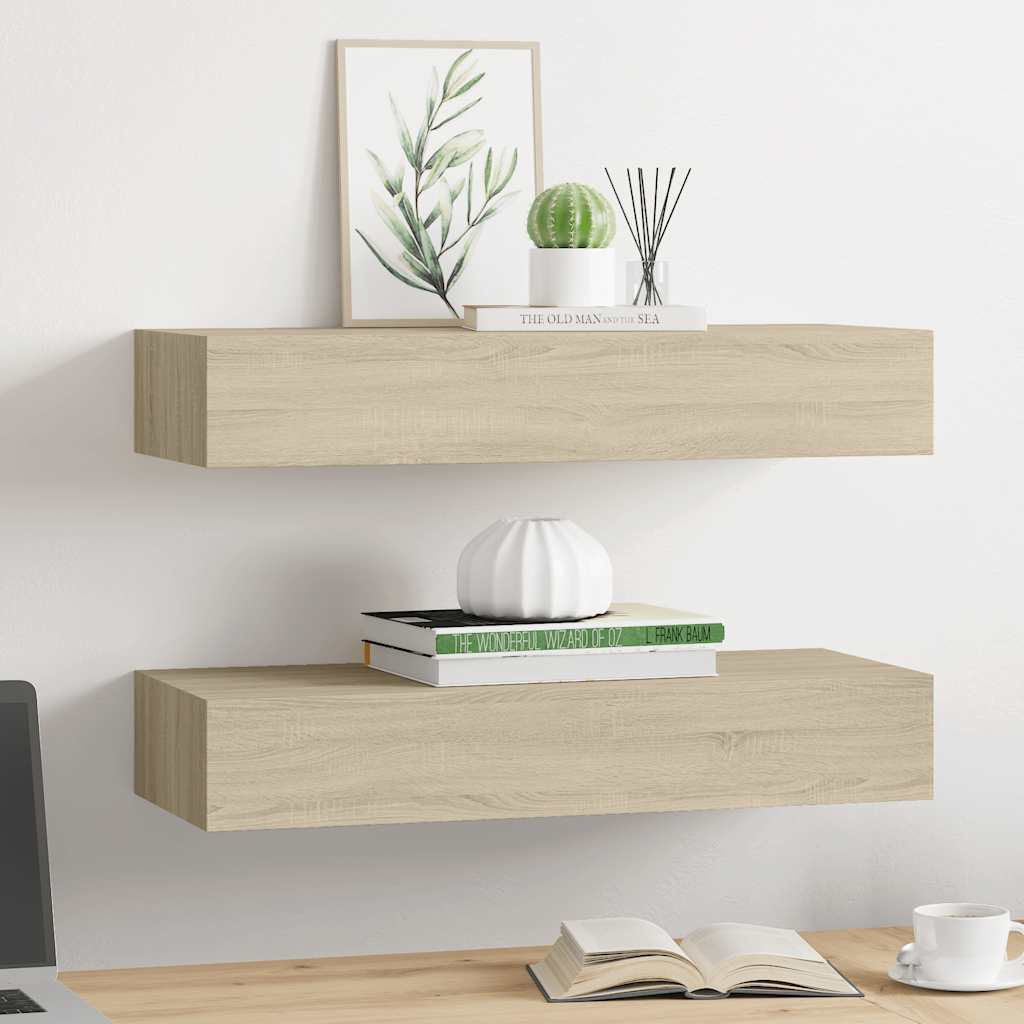Étagères à tiroirs murales 2 pcs chêne 60x23,5x10 cm MDF