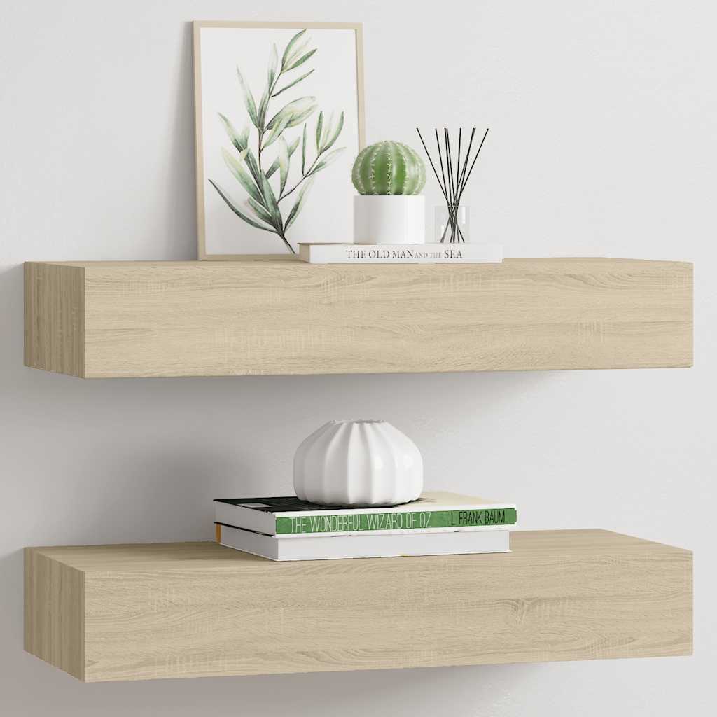 Étagères à tiroirs murales 2 pcs chêne 60x23,5x10 cm MDF