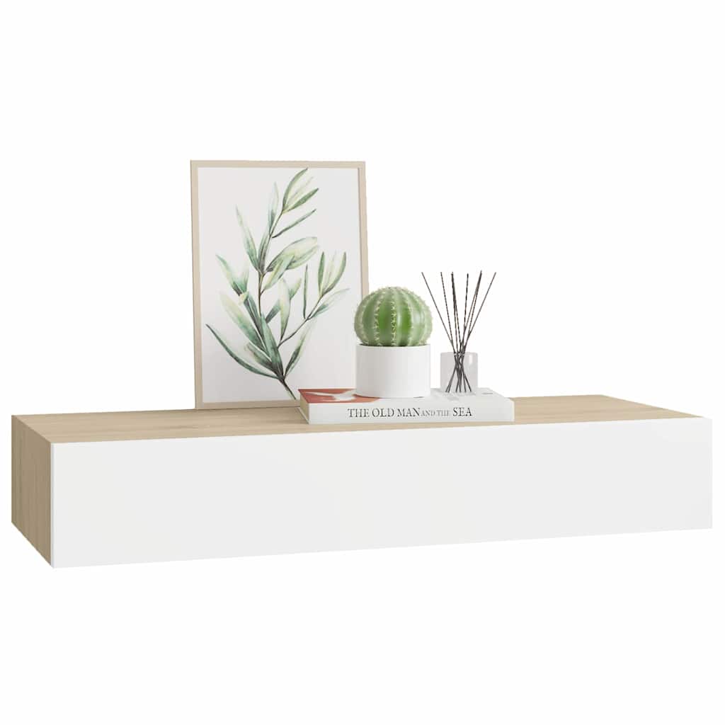 Étagère à tiroir murale chêne et blanc 60x23,5x10 cm MDF