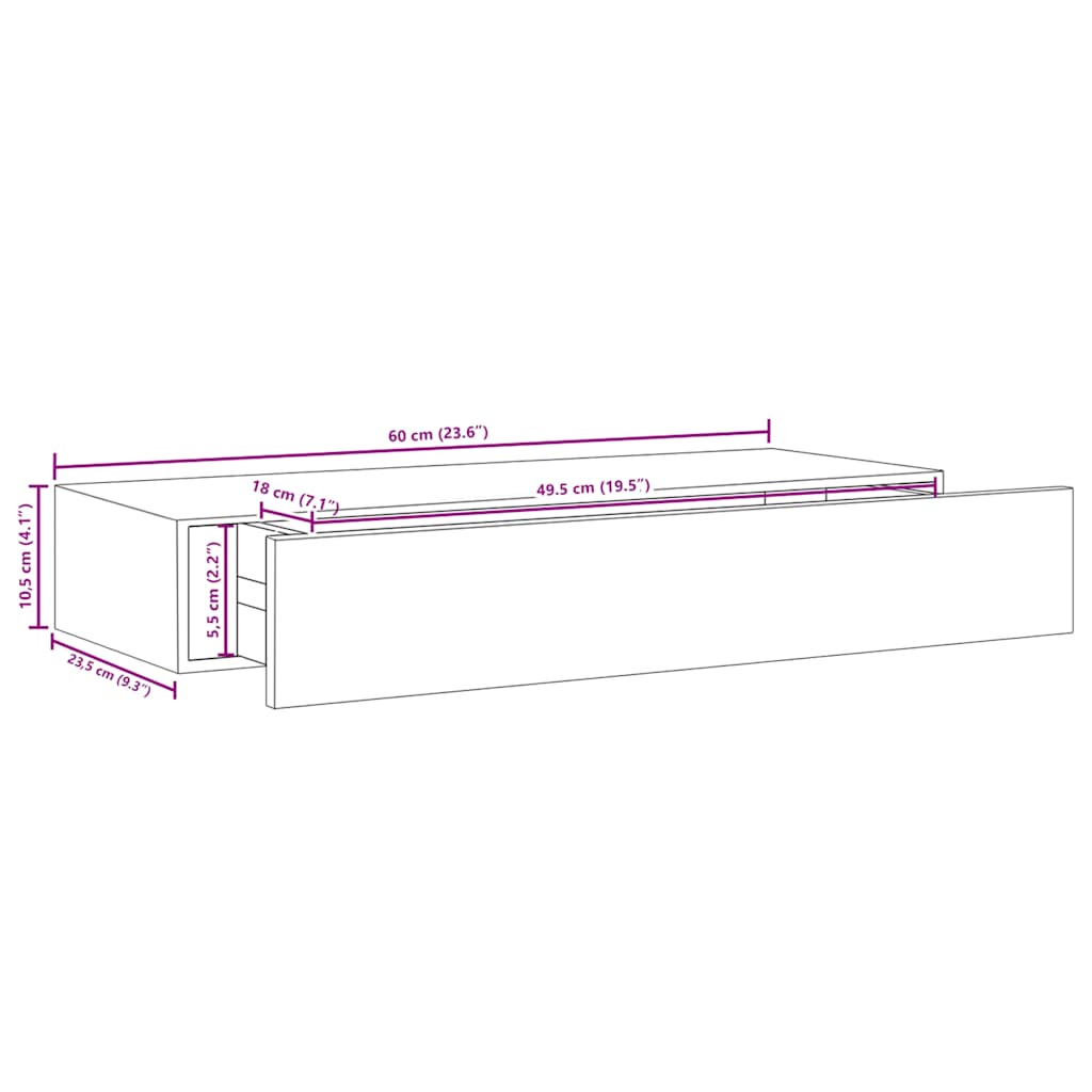 Étagère à tiroir murale chêne et blanc 60x23,5x10 cm MDF
