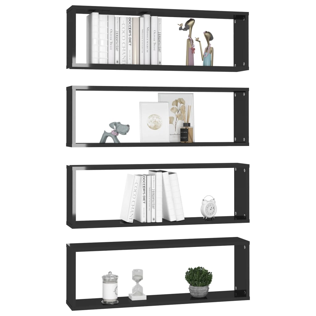 Étagères cube murales 4pcs Noir brillant 80x15x26,5 cm