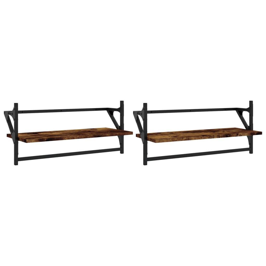 Étagères murales avec barres 2 pcs chêne fumé 65x25x30 cm