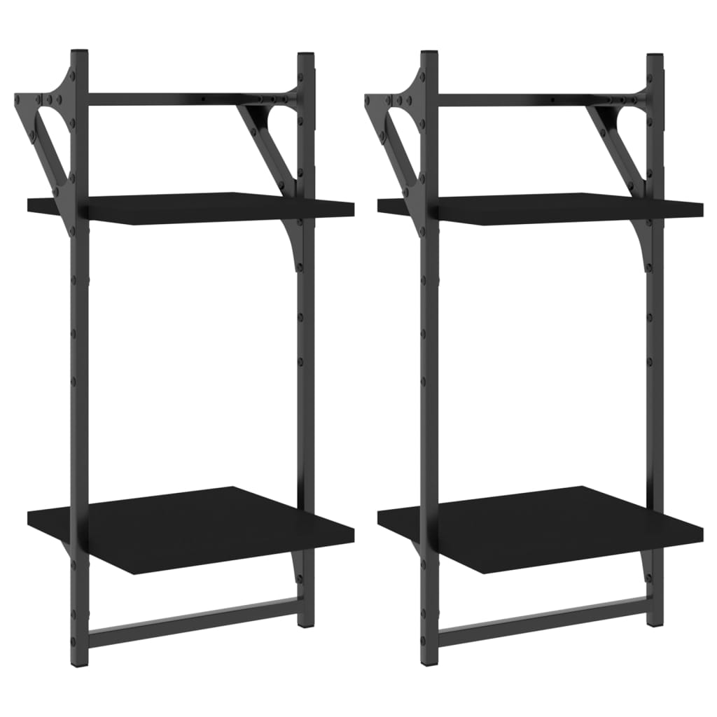 Étagères murales à 2 niveaux avec barres 2 pcs noir 30x25x65 cm