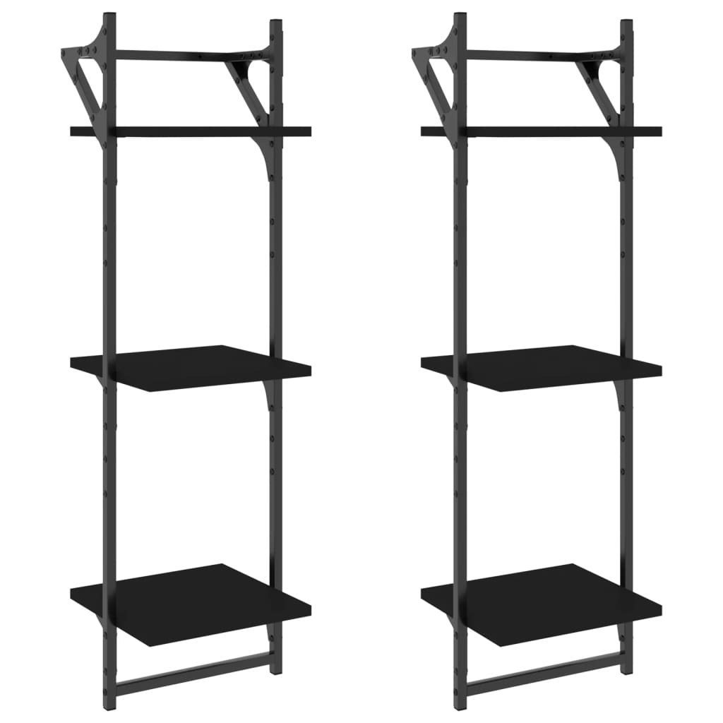 Étagères murales à 3 niveaux avec barres 2 pcs noir 30x25x100cm