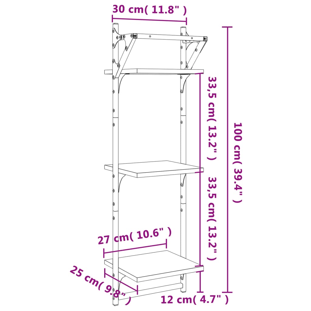 Étagères murales à 3 niveaux avec barres 2 pcs chêne fumé