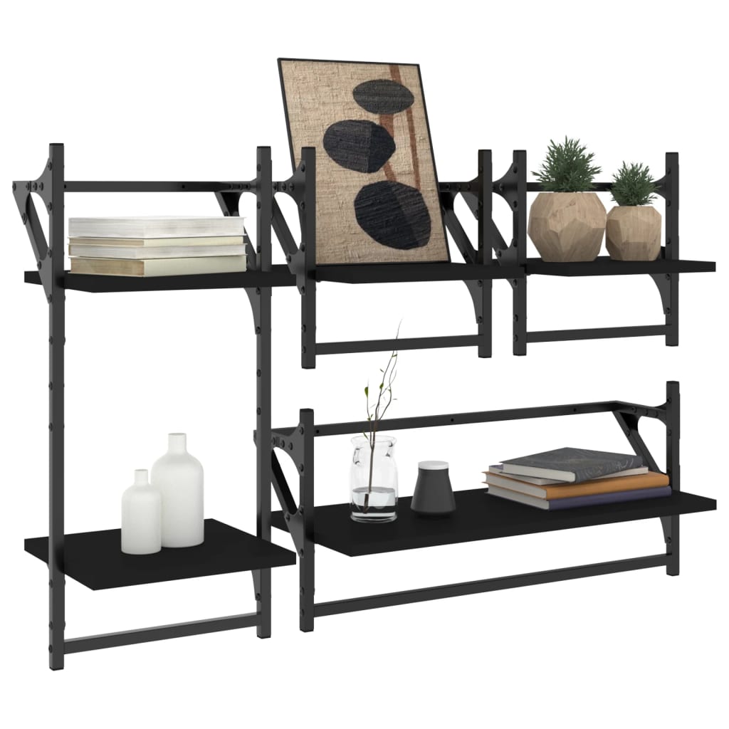 Ensemble d'étagères murales barres 4 pcs noir bois d'ingénierie