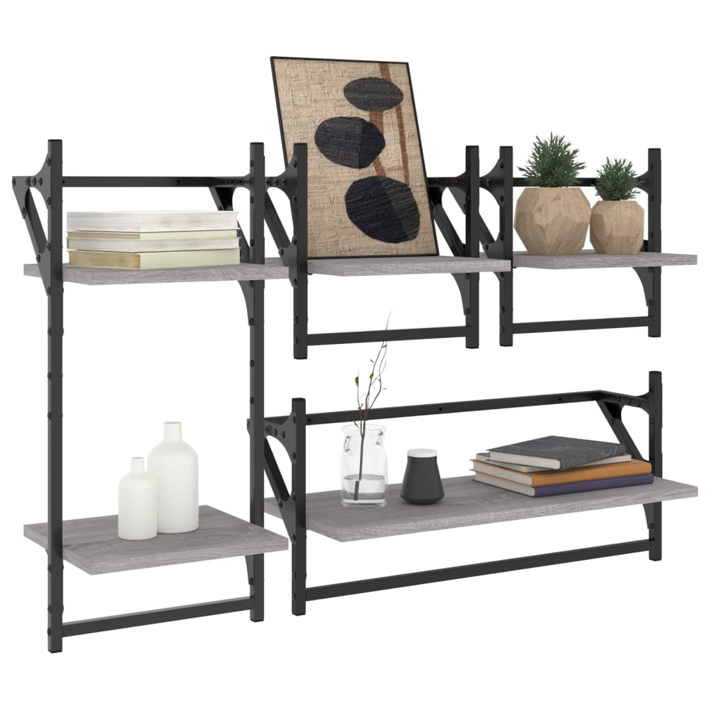 Ensemble d'étagères murales avec barres 4 pcs sonoma gris