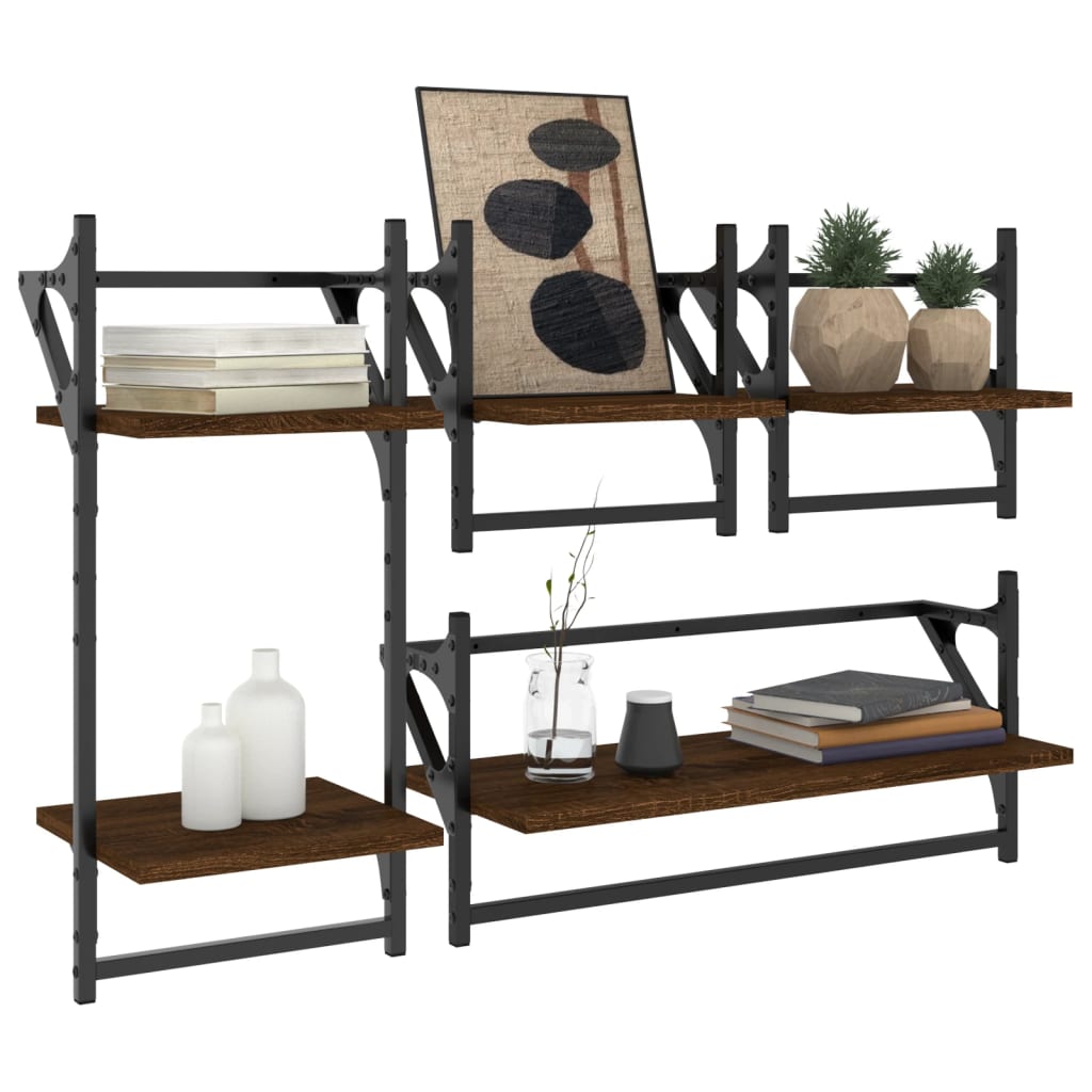 Ensemble d'étagères murales avec barres 4 pcs chêne marron