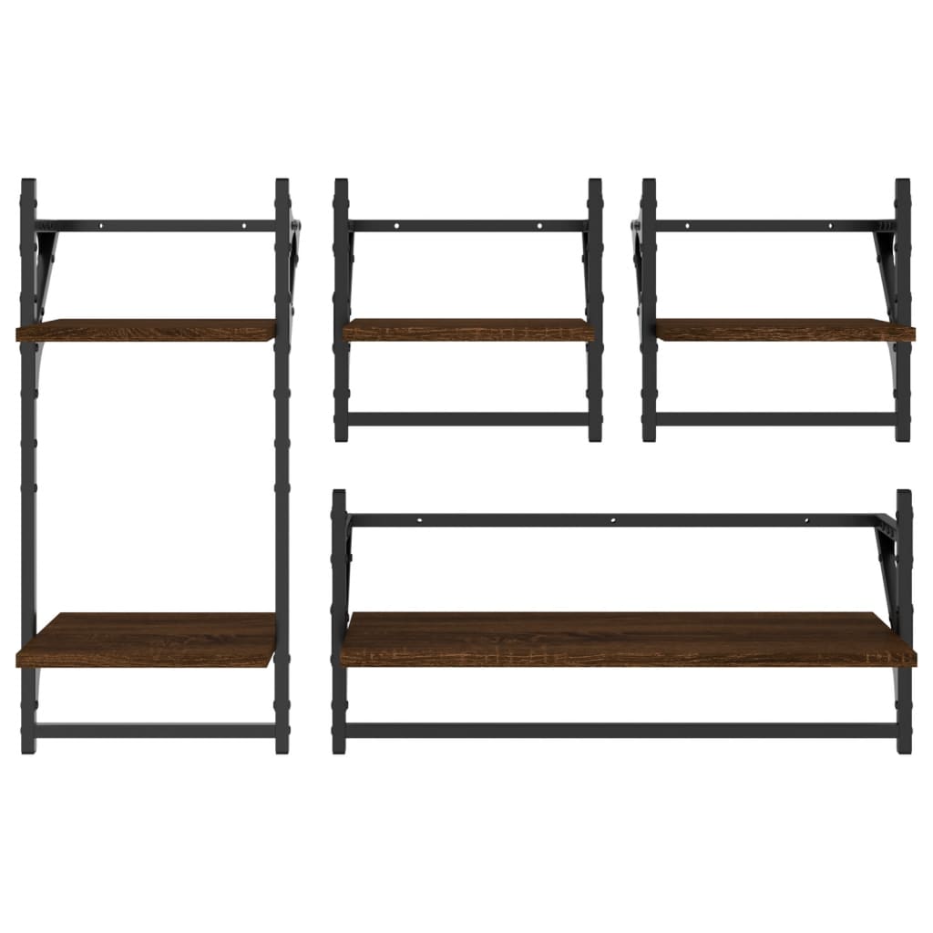 Ensemble d'étagères murales avec barres 4 pcs chêne marron