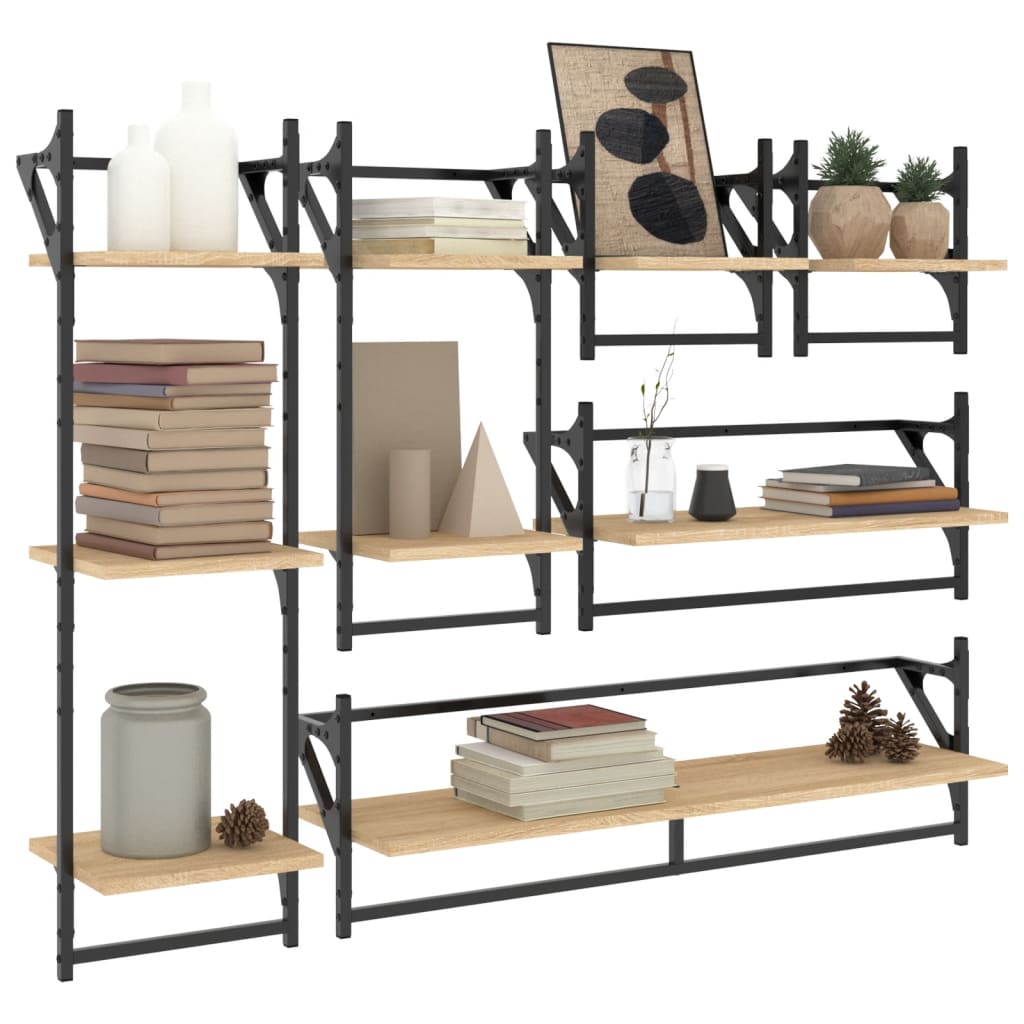 Ensemble d'étagères murales avec barres 6 pcs chêne sonoma