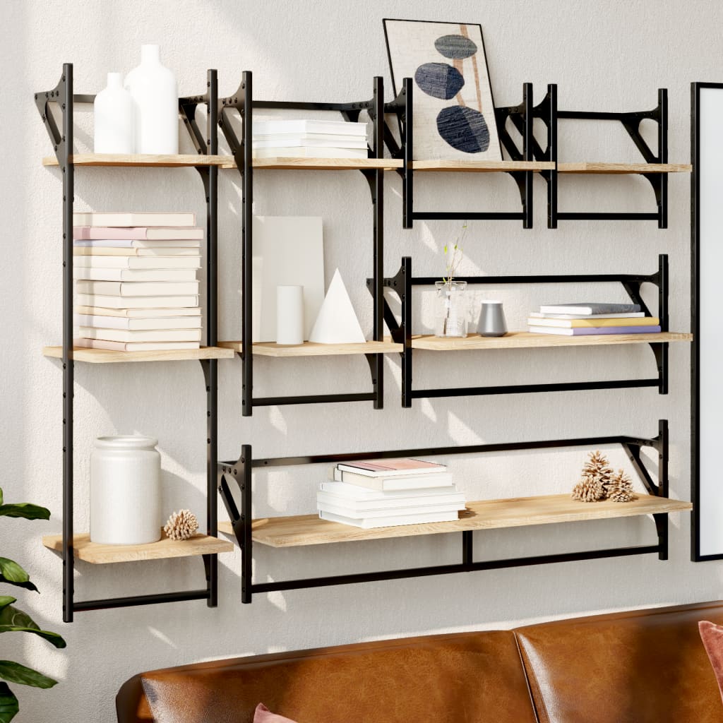 Ensemble d'étagères murales avec barres 6 pcs chêne sonoma