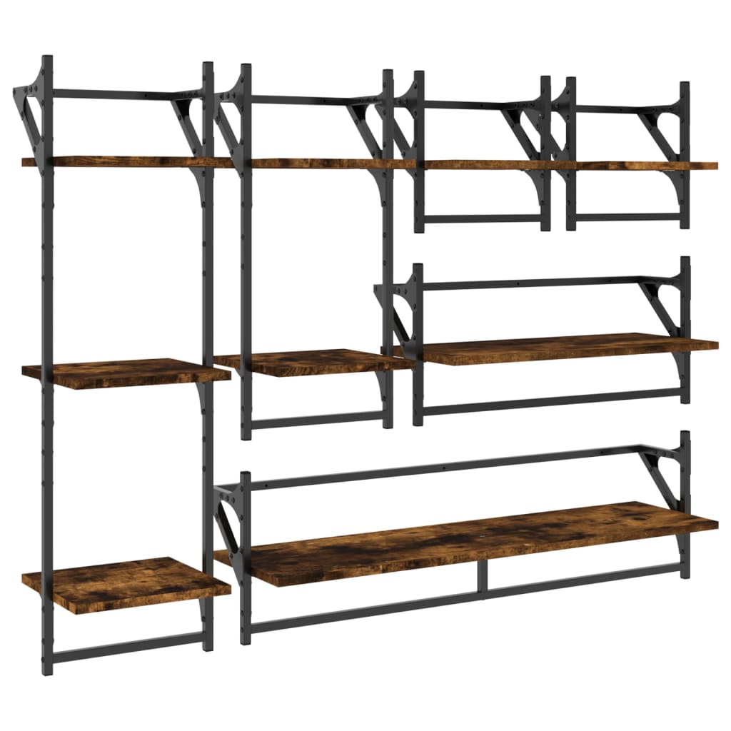 Ensemble d'étagères murales avec barres 6 pcs chêne fumé