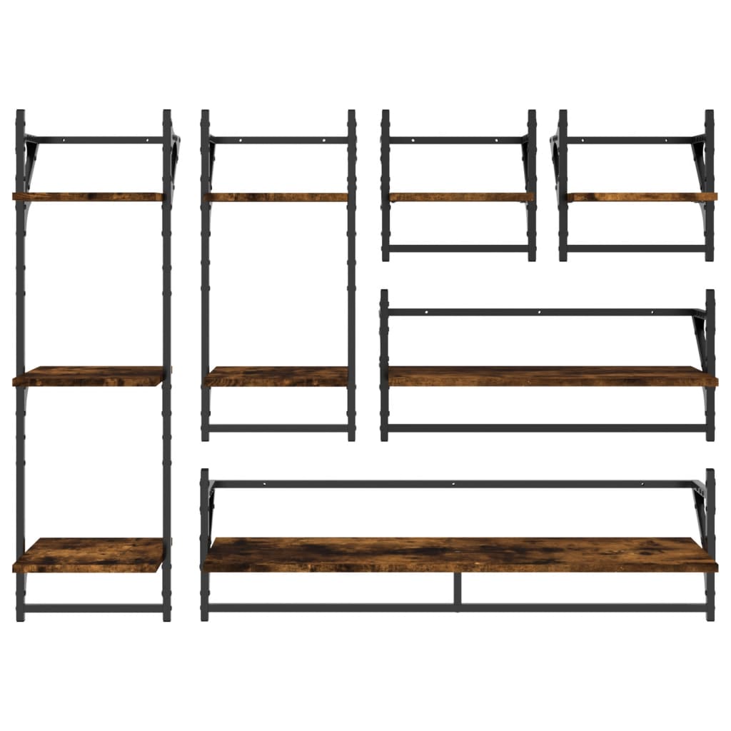 Ensemble d'étagères murales avec barres 6 pcs chêne fumé