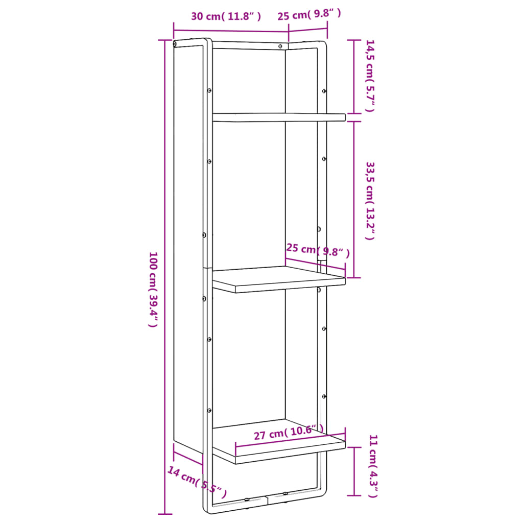Étagère murale 3 niveaux chêne fumé 30x25x100cm bois ingénierie