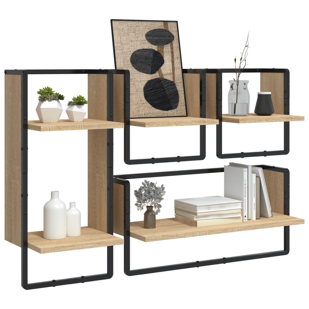 Ensemble d'étagères murales avec barres 4 pcs chêne sonoma