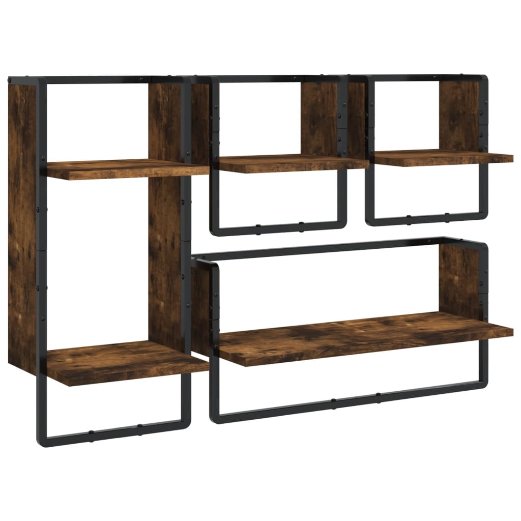 Ensemble d'étagères murales avec barres 4 pcs chêne fumé