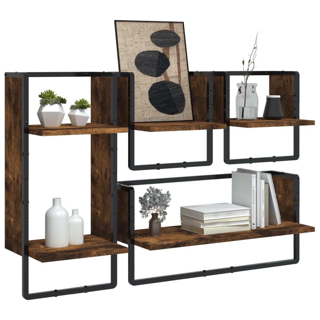 Ensemble d'étagères murales avec barres 4 pcs chêne fumé