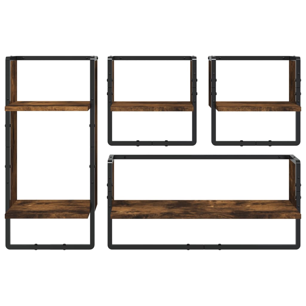 Ensemble d'étagères murales avec barres 4 pcs chêne fumé