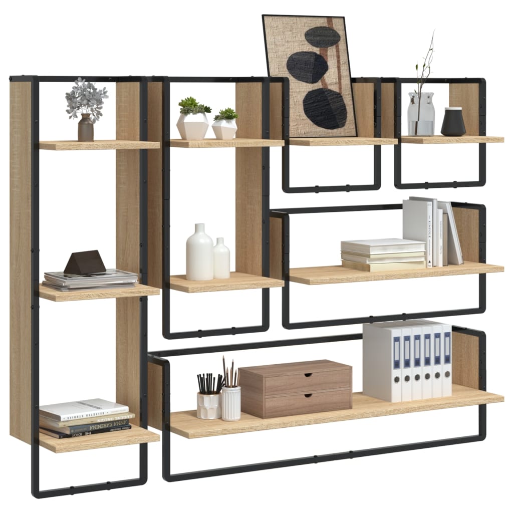 Ensemble d'étagères murales avec barres 6 pcs chêne sonoma
