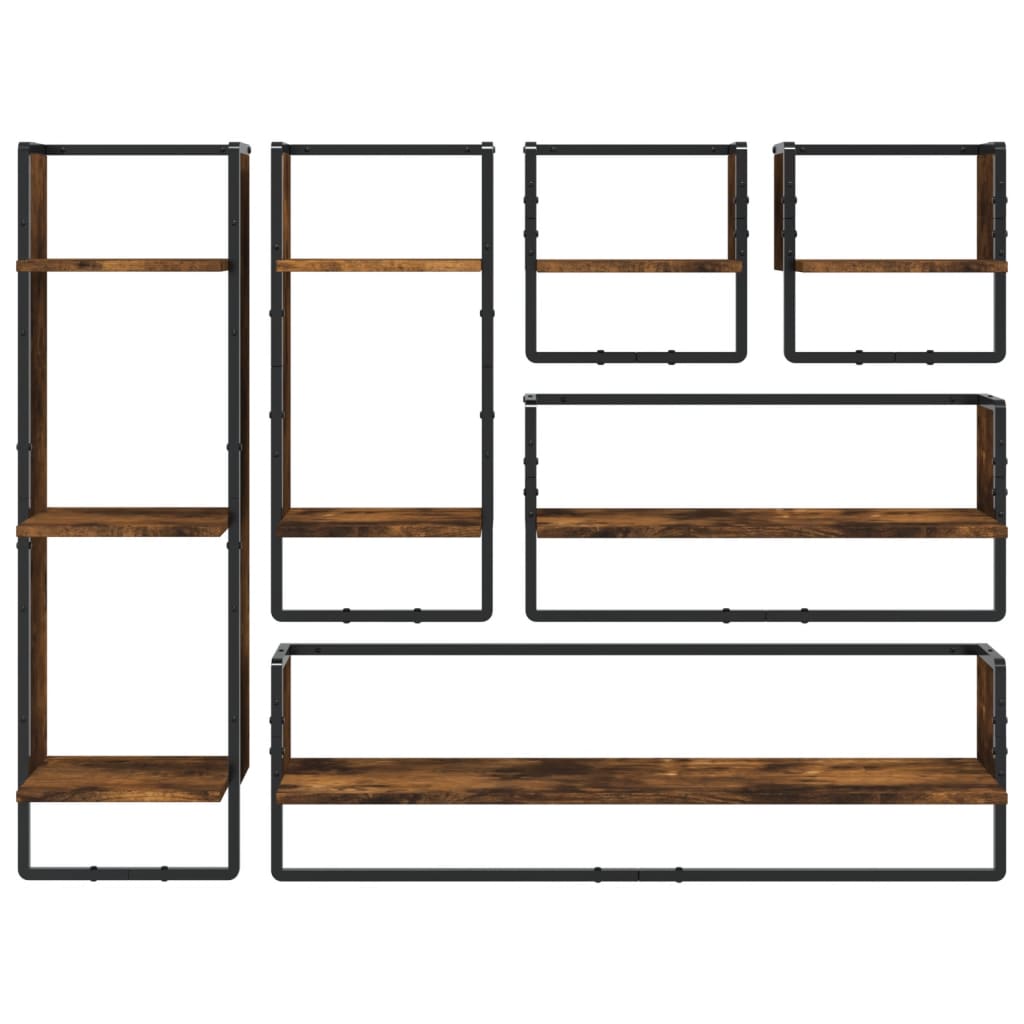 Ensemble d'étagères murales avec barres 6 pcs chêne fumé