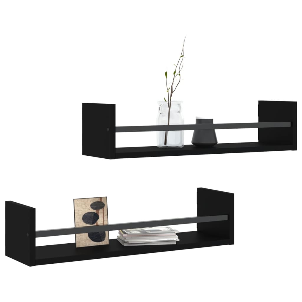 Étagères murales avec barres 2 pcs noir 60x16x14 cm