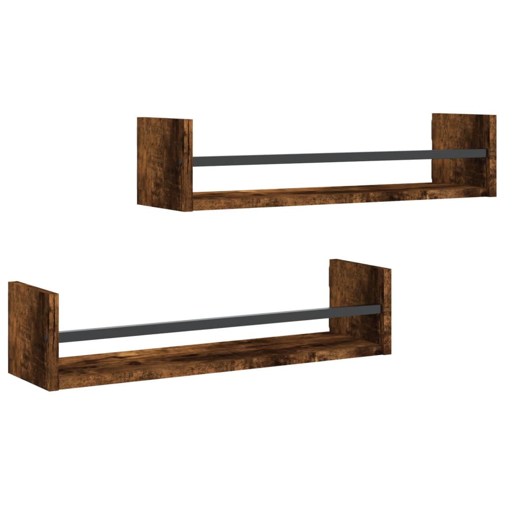 Étagères murales avec barres 2 pcs chêne fumé 60x16x14 cm