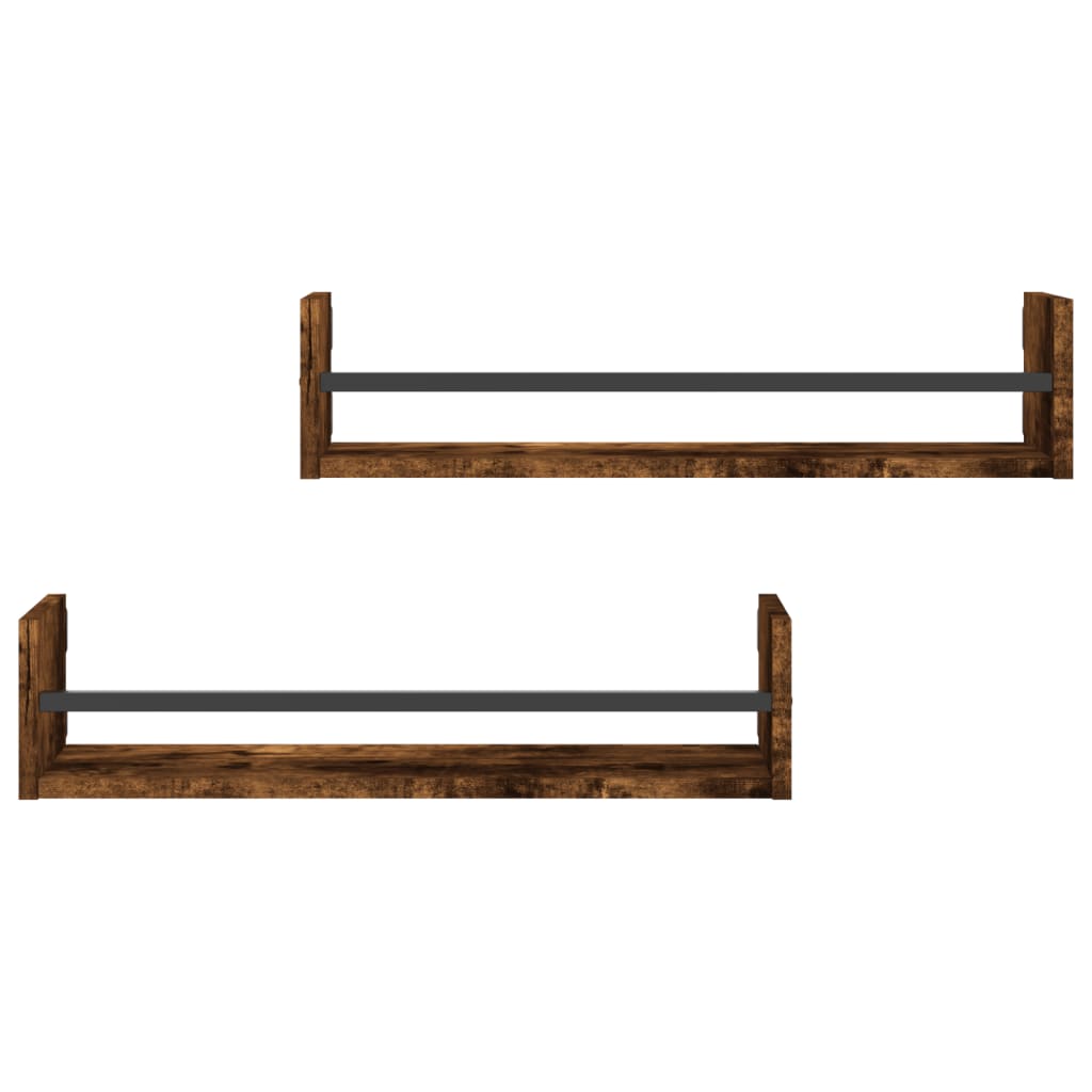 Étagères murales avec barres 2 pcs chêne fumé 60x16x14 cm