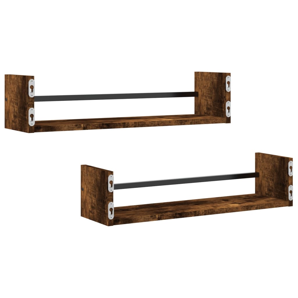 Étagères murales avec barres 2 pcs chêne fumé 60x16x14 cm