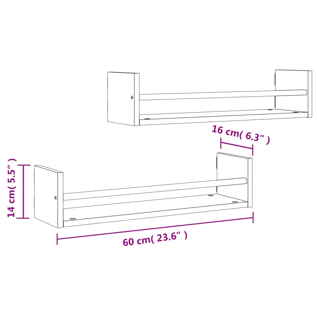 Étagères murales avec barres 2 pcs chêne fumé 60x16x14 cm