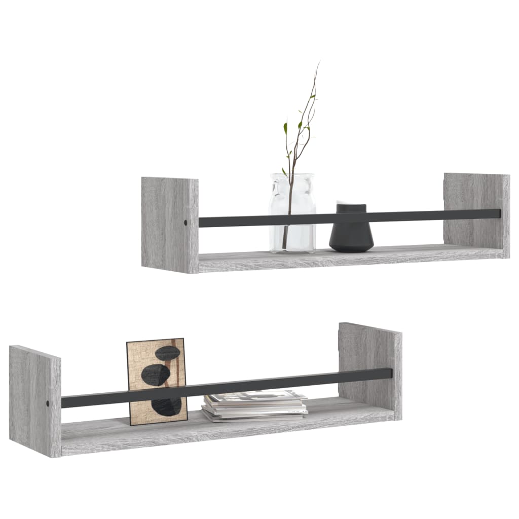 Étagères murales avec barres 2 pcs sonoma gris 60x16x14 cm