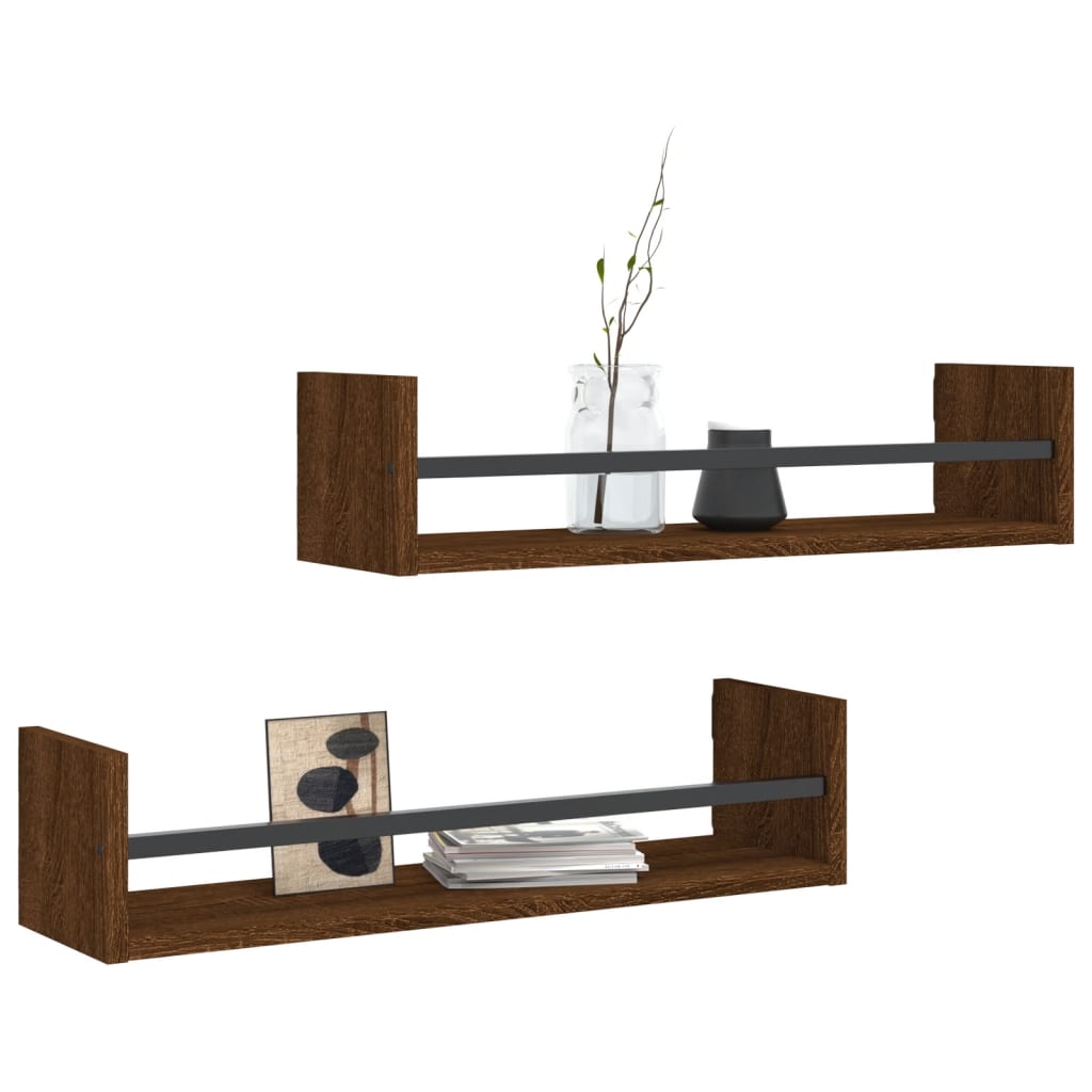 Étagères murales avec barres 2 pcs chêne marron 60x16x14 cm
